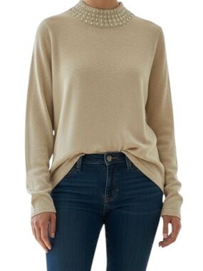 Tanjay Vintage Pearled Mockneck Shimmer Lightweight Knit Size Medium Petite